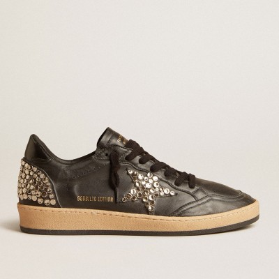 Golden Goose Ball Star LAB Sneakers In Black Nappa With Studded Black Leather Star GWF00117.F004375.90100