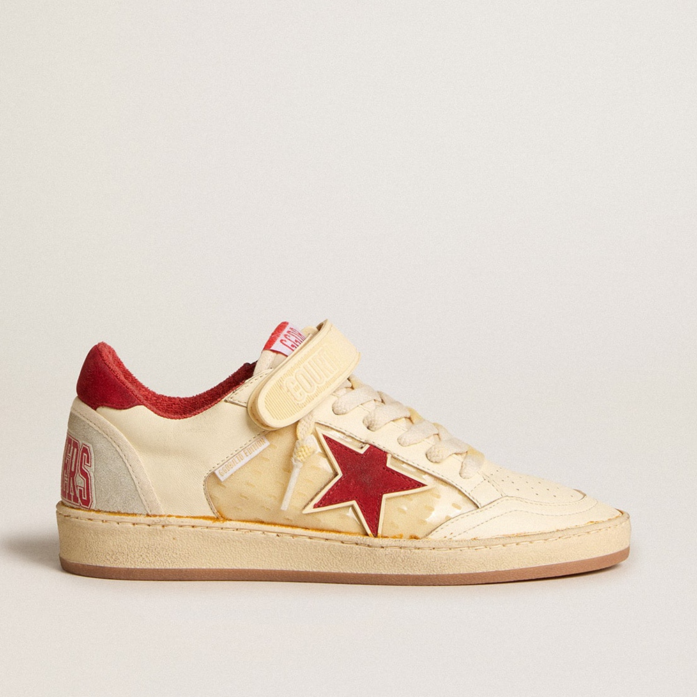 Golden Goose Ball Star LAB Sneakers In Cream-colored Nappa With Red Suede Star GWF00554.F005681.11474