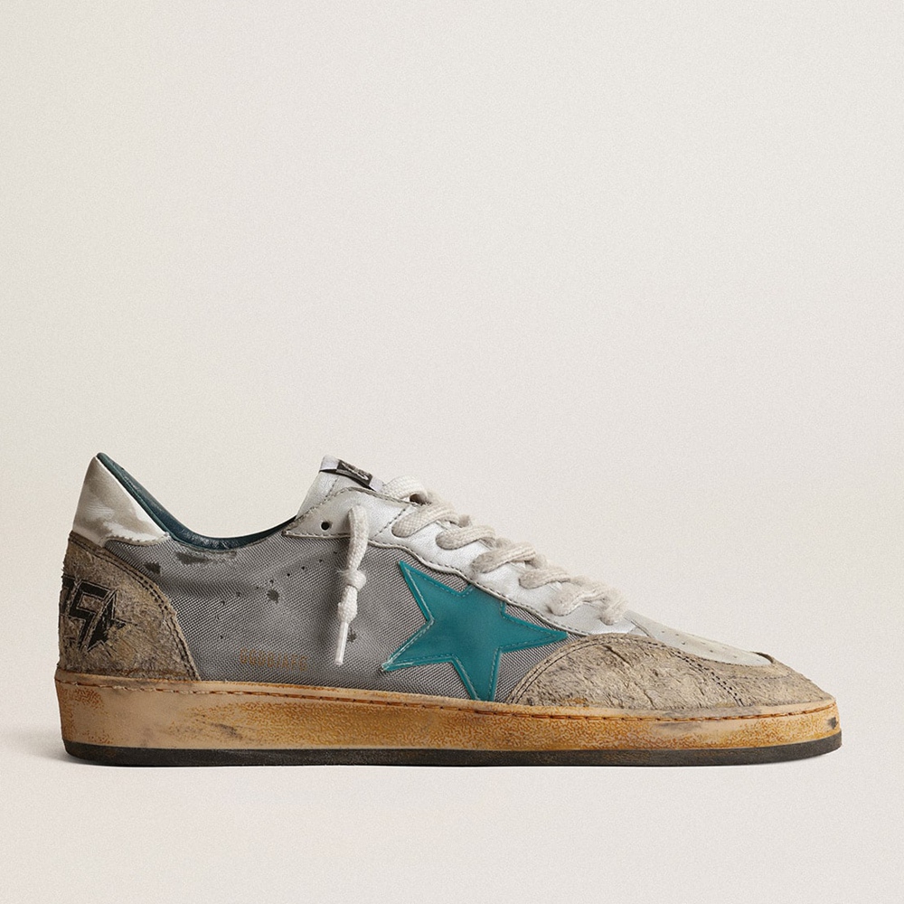 Golden Goose Ball Star LAB Sneakers In Gray Nylon With Aqua-green Star GMF00117.F003768.60384