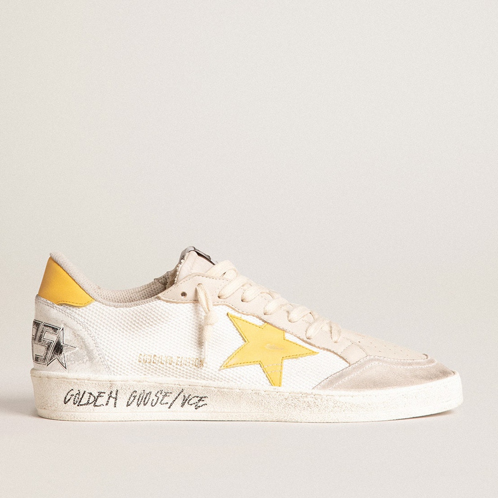 Golden Goose Ball Star LTD Sneakers In White Mesh With Yellow Leather Star And Heel Tab GMF00117.F006010.82682