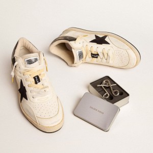 Golden Goose Ball Star Pro Mid Sneakers In Aged White Leather With Black Star GMF00725.F005795.10283