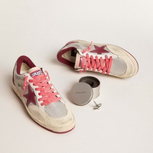 Golden Goose Ball Star Pro Sneakers In Silver Crackle Leather With Burgundy Star GWF00389.F005817.82645