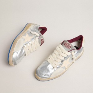 Golden Goose Ball Star Pro Sneakers In Silver Metallic Leather With Cream-colored Star GWF00795.F006342.70140