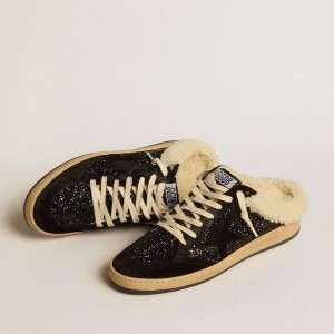 Golden Goose Ball Star Sabots Sneakers In Black Glitter With Black Star And Shearling Lining GWF00436.F005150.90194