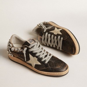 Golden Goose Ball Star Sneakers In Black Leather With Swarovski Crystal Decoration GWF00475.F004039.90369