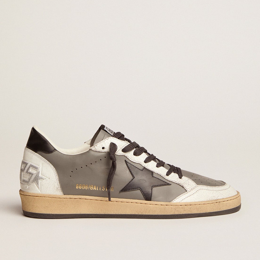 Golden Goose Ball Star Sneakers In Gray Leather With Black Star And Heel Tab GMF00117.F002517.60324