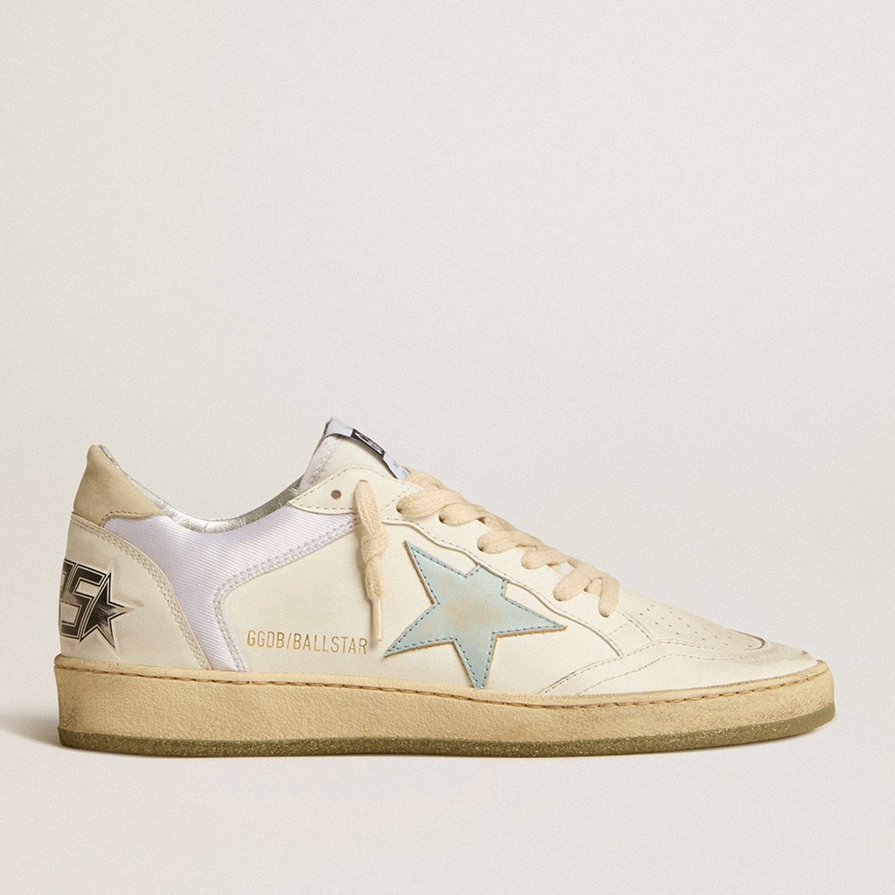 Golden Goose Ball Star Sneakers In Nylon And Leather With Pink And Light Blue Star And Beige Heel Tab GWF00327.F005230.10548