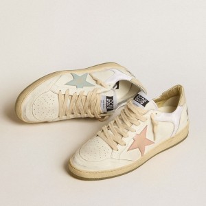 Golden Goose Ball Star Sneakers In Nylon And Leather With Pink And Light Blue Star And Beige Heel Tab GWF00327.F005230.10548