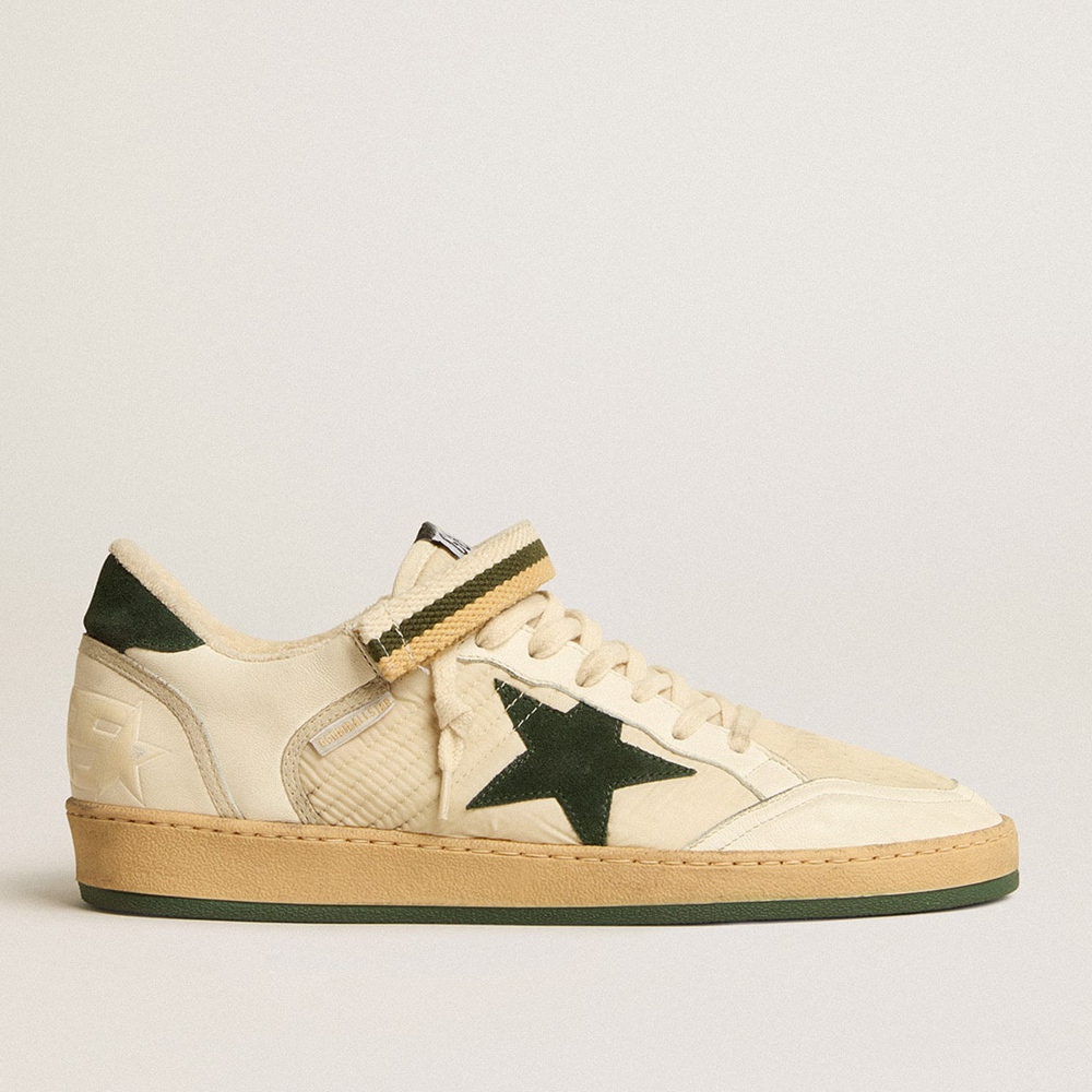 Golden Goose Ball Star Sneakers In Nylon And Nappa With Green Suede Star And Heel Tab GMF00554.F005273.10502