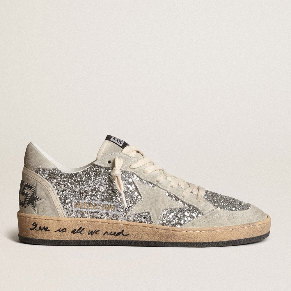 Golden Goose Ball Star Sneakers In Silver Glitter With Ice-gray Suede Inserts GWF00117.F003992.70136