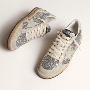 Golden Goose Ball Star Sneakers In Silver Glitter With Ice-gray Suede Inserts GWF00117.F003992.70136