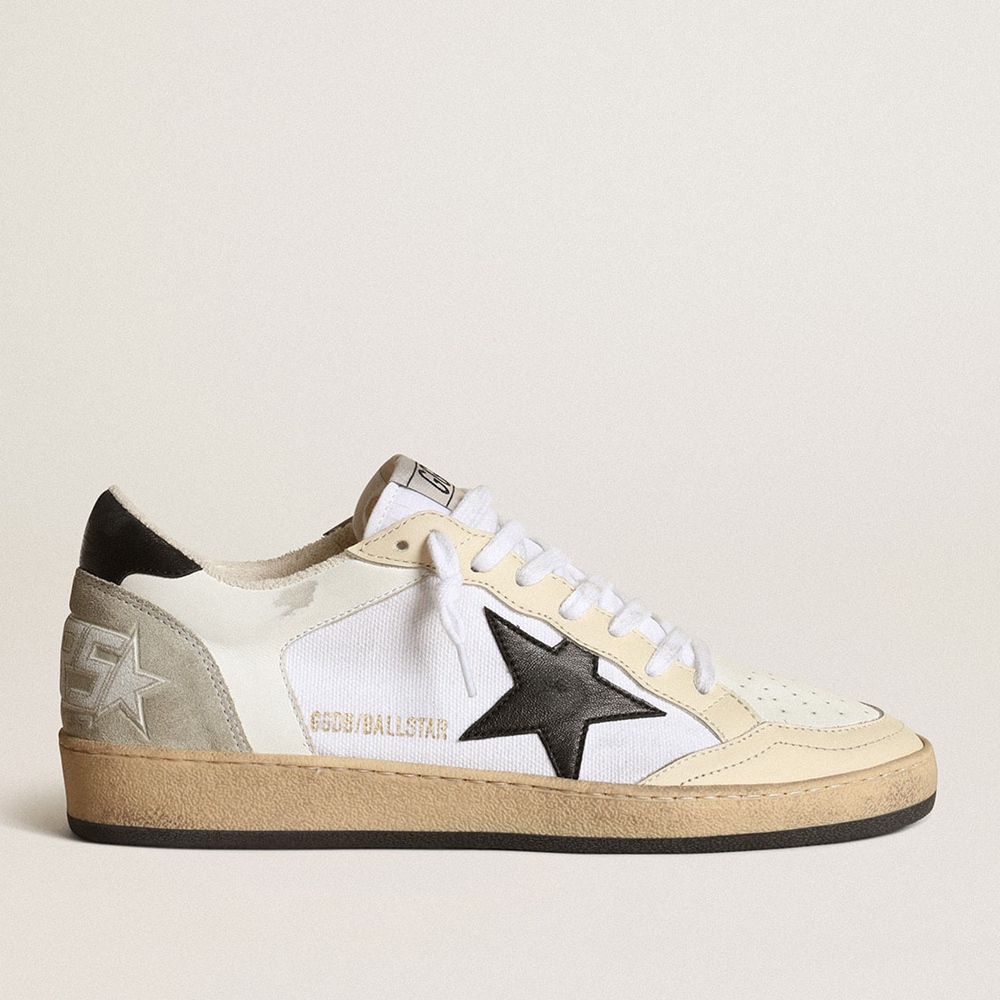 Golden Goose Ball Star Sneakers In White Canvas And Leather With Black Star GWF00327.F003426.11199