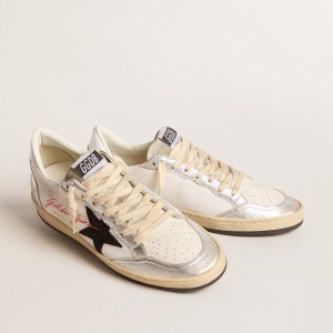 Golden Goose Ball Star Sneakers In White Mesh With Black Glitter Star And Silver Inserts GWF00117.F005963.11875