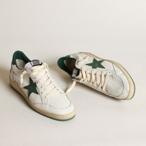 Golden Goose Ball Star Sneakers In White Nappa Leather With Green Leather Star And Heel Tab GWF00117.F000325.10502