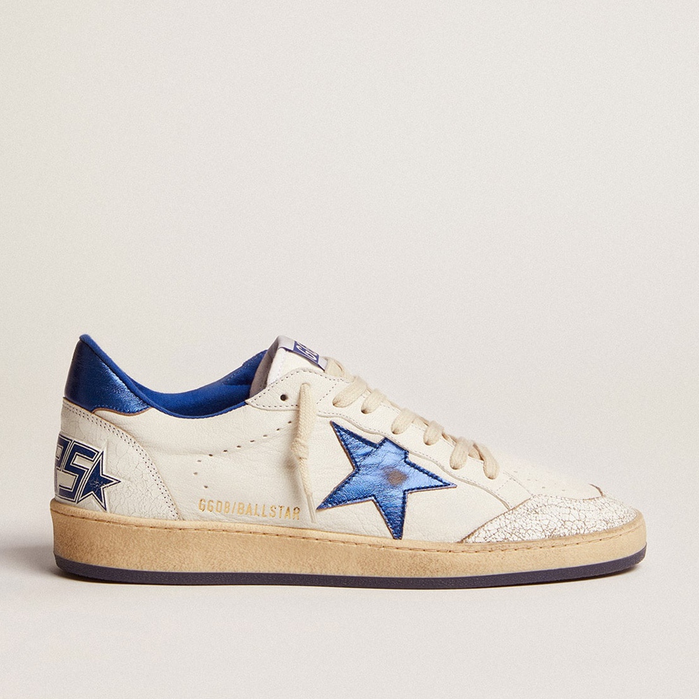 Golden Goose Ball Star Sneakers In White Nappa With Blue Star And Heel Tab GMF00117.F002198.10327