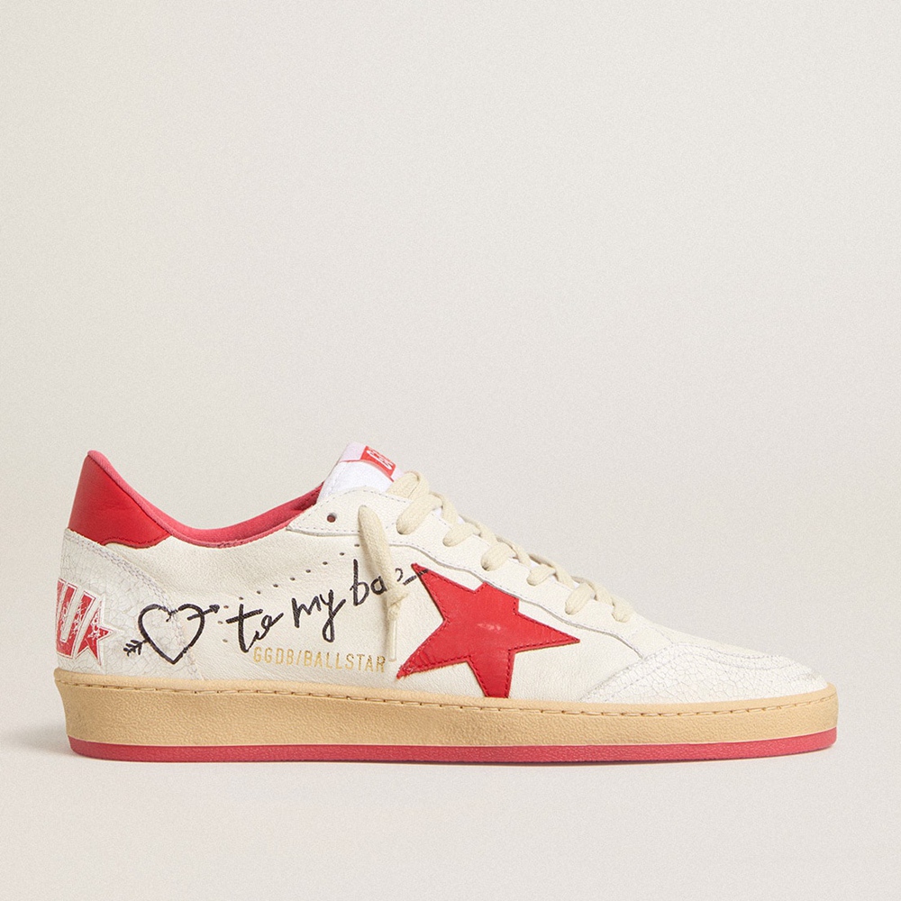 Golden Goose Ball Star Wishes Sneakers In White Leather With A Red Star And Heel Tab GWF00117.F005823.10350