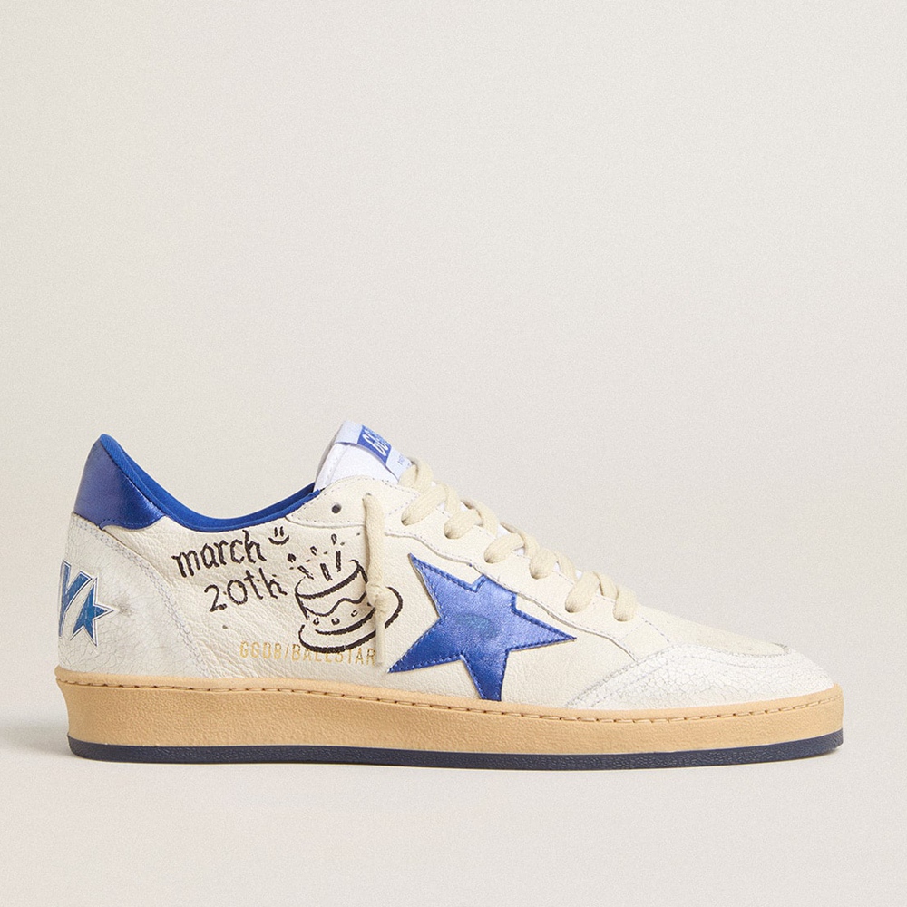 Golden Goose Ball Star Wishes Sneakers In White Nappa Leather With A Bright Blue Star And Heel Tab GMF00117.F005822.10793