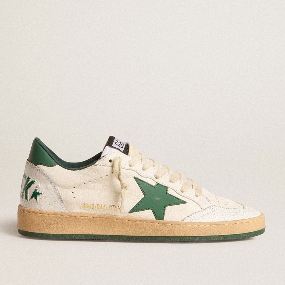 Golden Goose Ball Star Wishes Sneakers In White Nappa Leather With Green Leather Star And Heel Tab GMF00117.F005821.10361