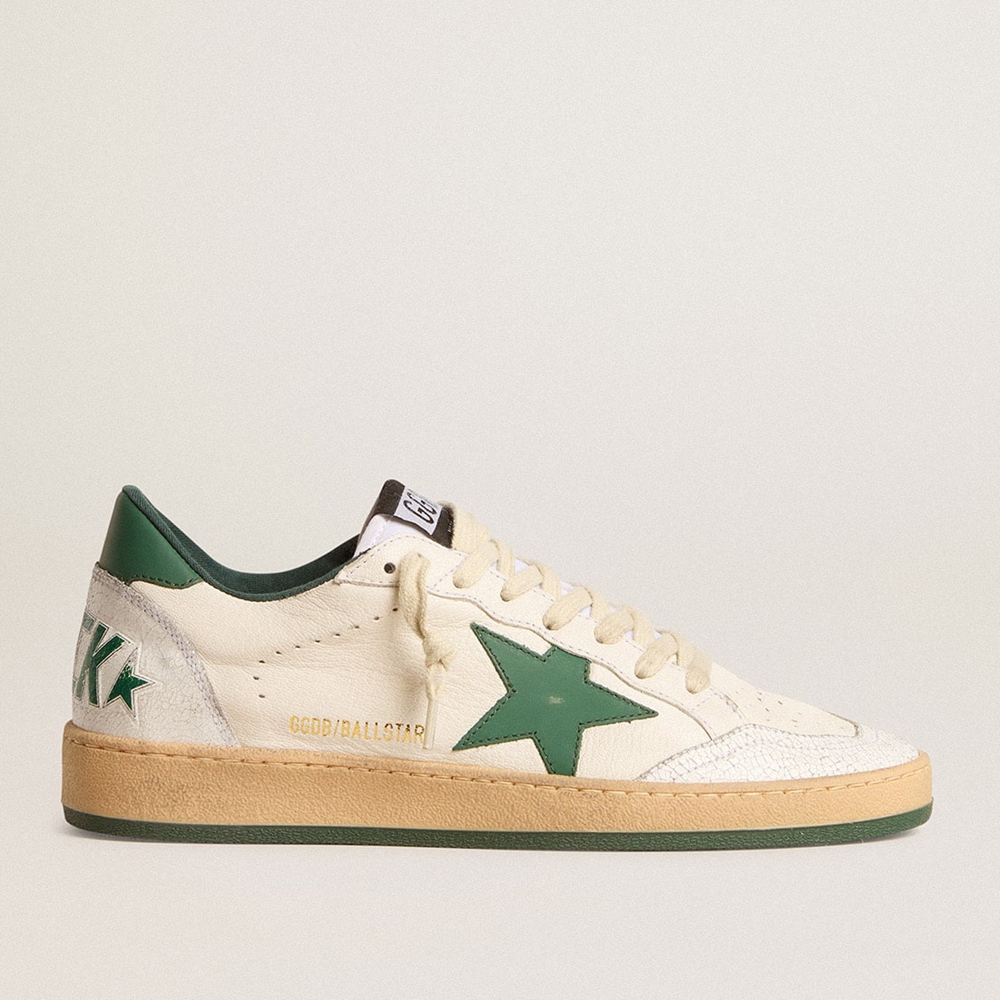 Golden Goose Ball Star Wishes Sneakers In White Nappa Leather With Green Leather Star And Heel Tab GWF00117.F005821.10361