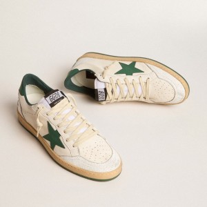 Golden Goose Ball Star Wishes Sneakers In White Nappa Leather With Green Leather Star And Heel Tab GWF00117.F005821.10361