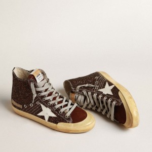 Golden Goose Francy Penstar Sneakers In Brown Glitter With White Leather Star GWF00114.F004048.55520