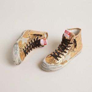 Golden Goose Francy Penstar Sneakers In Gold Glitter With Suede Star And Bright Blue Heel Tab GWF00114.F002746.65156