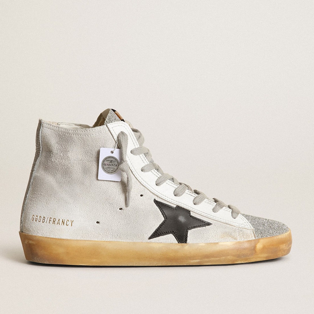 Golden Goose Francy Sneakers In White Suede With Black Leather Star GWF00113.F003367.10250