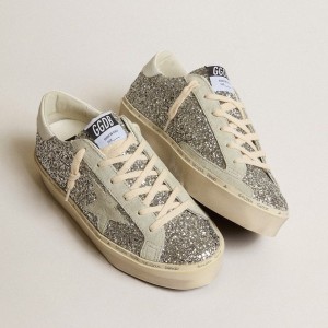 Golden Goose Hi Star Sneakers In Silver Glitter With Suede Star And White Heel Tab GWF00118.F005100.70287