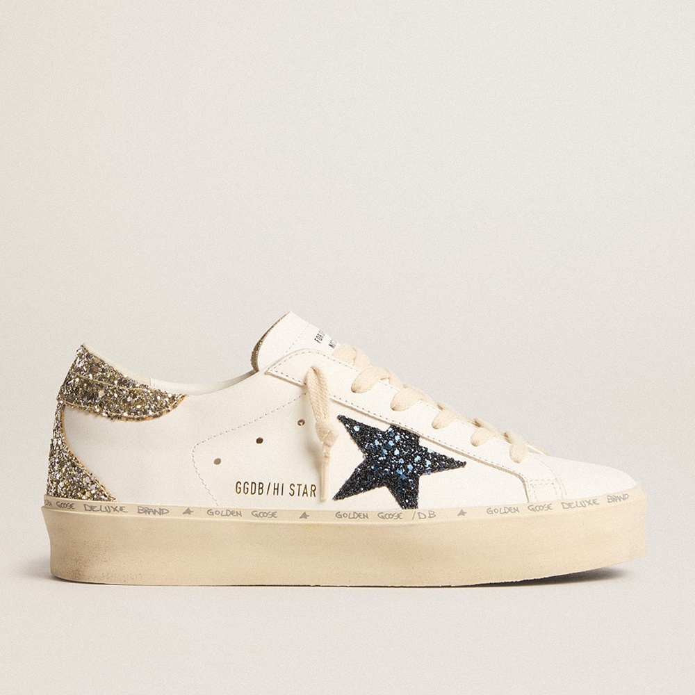 Golden Goose Hi Star Sneakers With Blue Glitter Star And Platinum Glitter Heel Tab GWF00119.F005903.11339