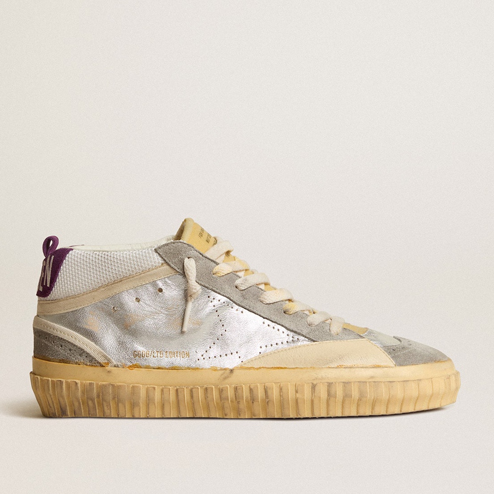 Golden Goose Mid Star LAB Sneakers In Silver Metallic Leather And Mesh With Perforated Star GMF00507.F004361.70270