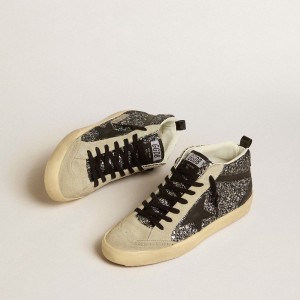 Golden Goose Mid Star LTD Sneakers In Black Glitter With Black Leather Star And Flash GWF00122.F005215.90184