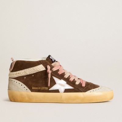 Golden Goose Mid Star LTD Sneakers In Brown Suede With Silver Nappa Leather Star And Cream Flash GWF00122.F005939.55598