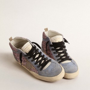 Golden Goose Mid Star LTD Sneakers In Lilac Glitter With Light Blue Suede Inserts GWF00122.F004553.82289