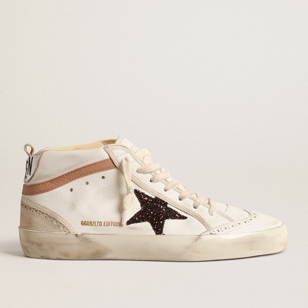 Golden Goose Mid Star LTD Sneakers In Nappa With Glitter Star And Nude Leather Flash GWF00122.F004529.11489