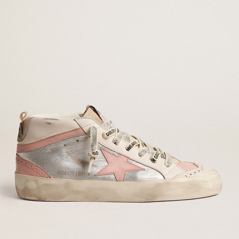 Golden Goose Mid Star LTD Sneakers In Silver Metallic Leather With Pink Star And Flash GWF00123.F004527.82283