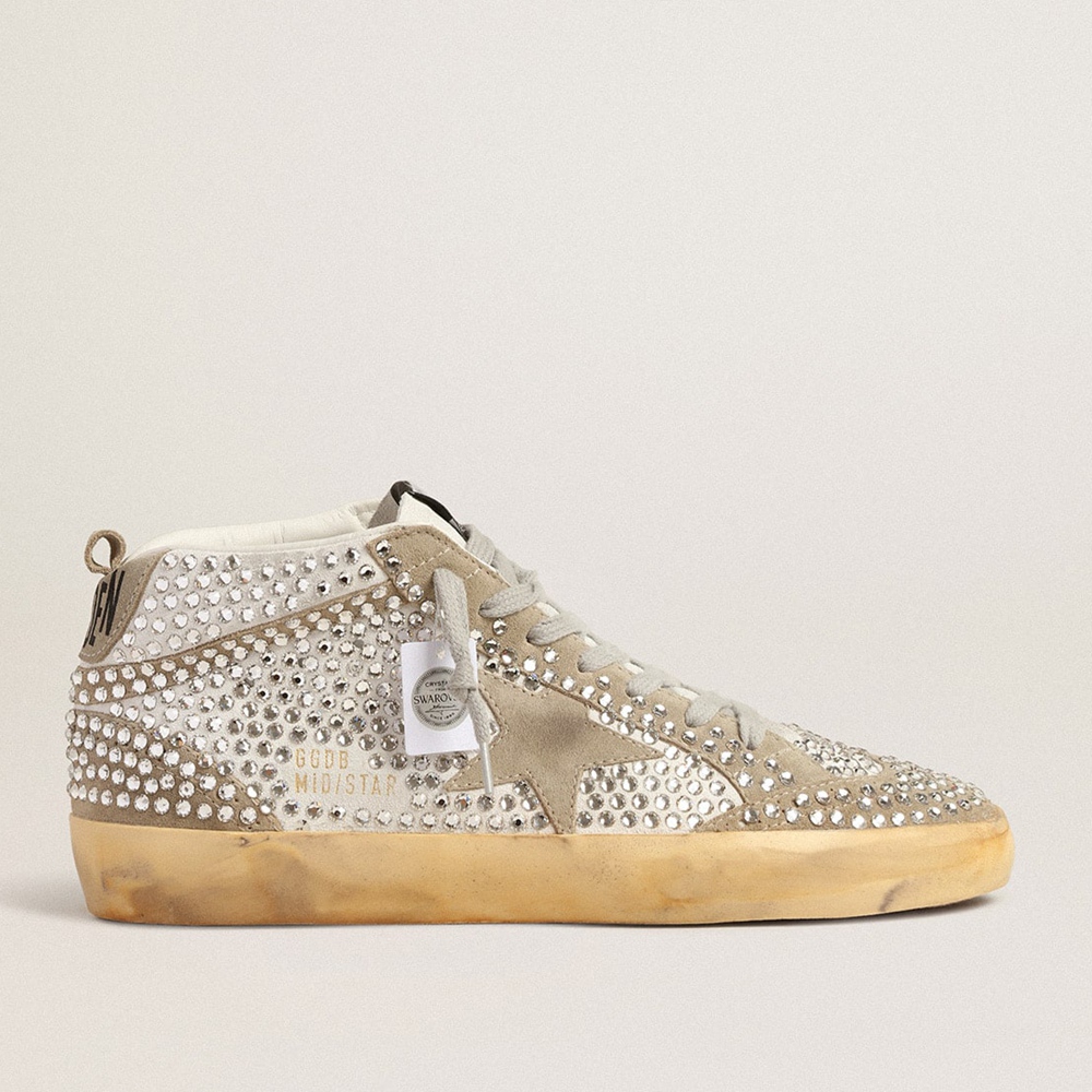 Golden Goose Mid Star LTD Sneakers In White And Dove-gray Suede With Swarovski Crystals GWF00122.F004088.11376