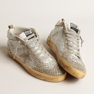 Golden Goose Mid Star LTD Sneakers In White And Dove-gray Suede With Swarovski Crystals GWF00122.F004088.11376