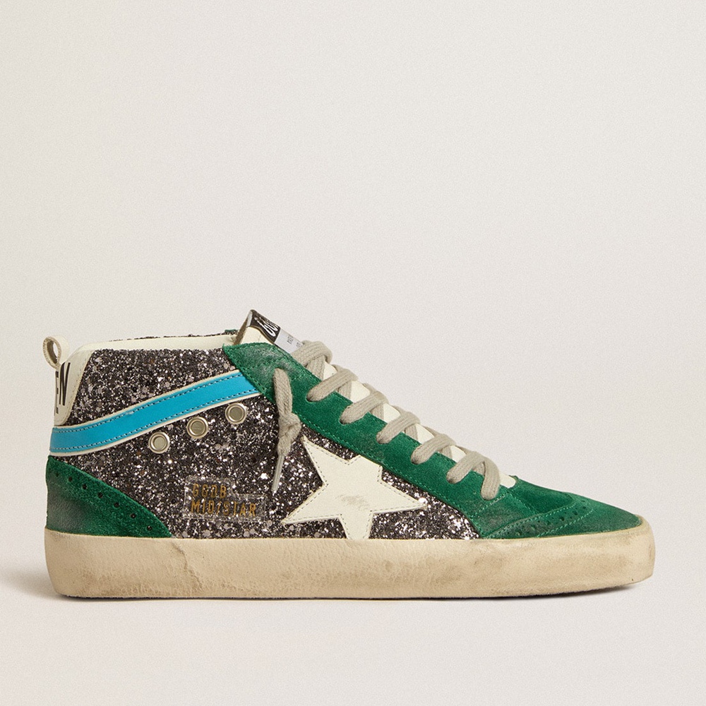 Golden Goose Mid Star Sneakers In Anthracite Glitter With Leather Star And Light Blue Flash GWF00314.F005256.82516