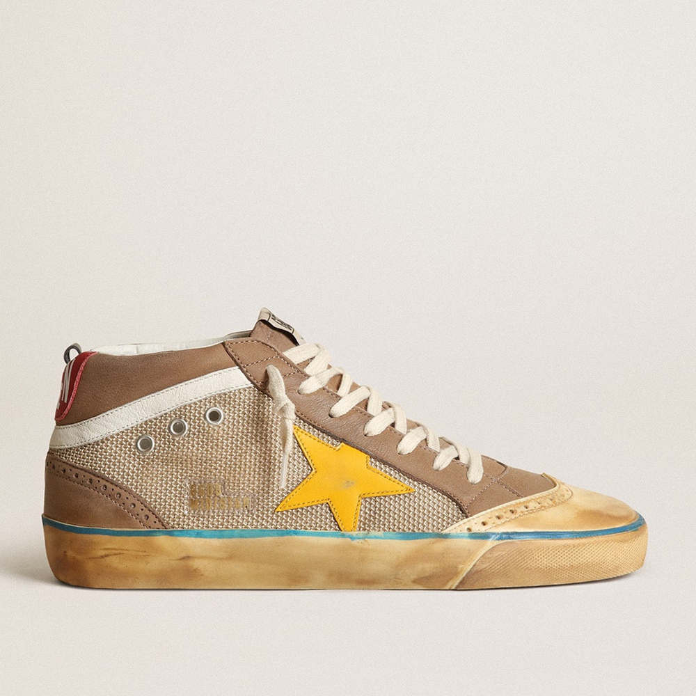 Golden Goose Mid Star Sneakers In Beige Mesh And Dove Gray Nubuck And Yellow Star GMF00123.F003377.15381