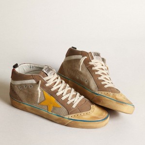 Golden Goose Mid Star Sneakers In Beige Mesh And Dove Gray Nubuck And Yellow Star GMF00123.F003377.15381