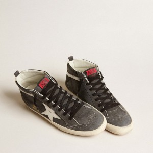 Golden Goose Mid Star Sneakers In Black Suede With White Leather Star And Silver Flash GMF00123.F005184.90167