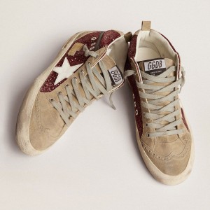 Golden Goose Mid Star Sneakers In Burgundy Glitter With Gray Inserts And White Star GWF00122.F002626.81553