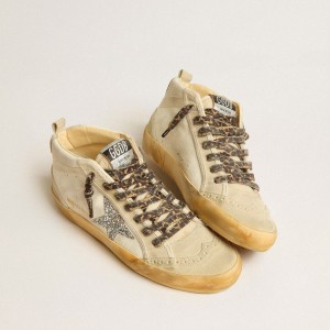 Golden Goose Mid Star Sneakers In Canvas With Silver Glitter Star And Beige Flash GWF00122.F005270.15260