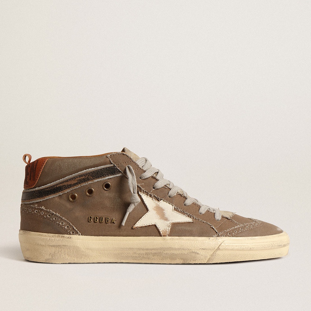 Golden Goose Mid Star Sneakers In Green Canvas With Leather Star And Black Flash GMF00122.F004575.35851