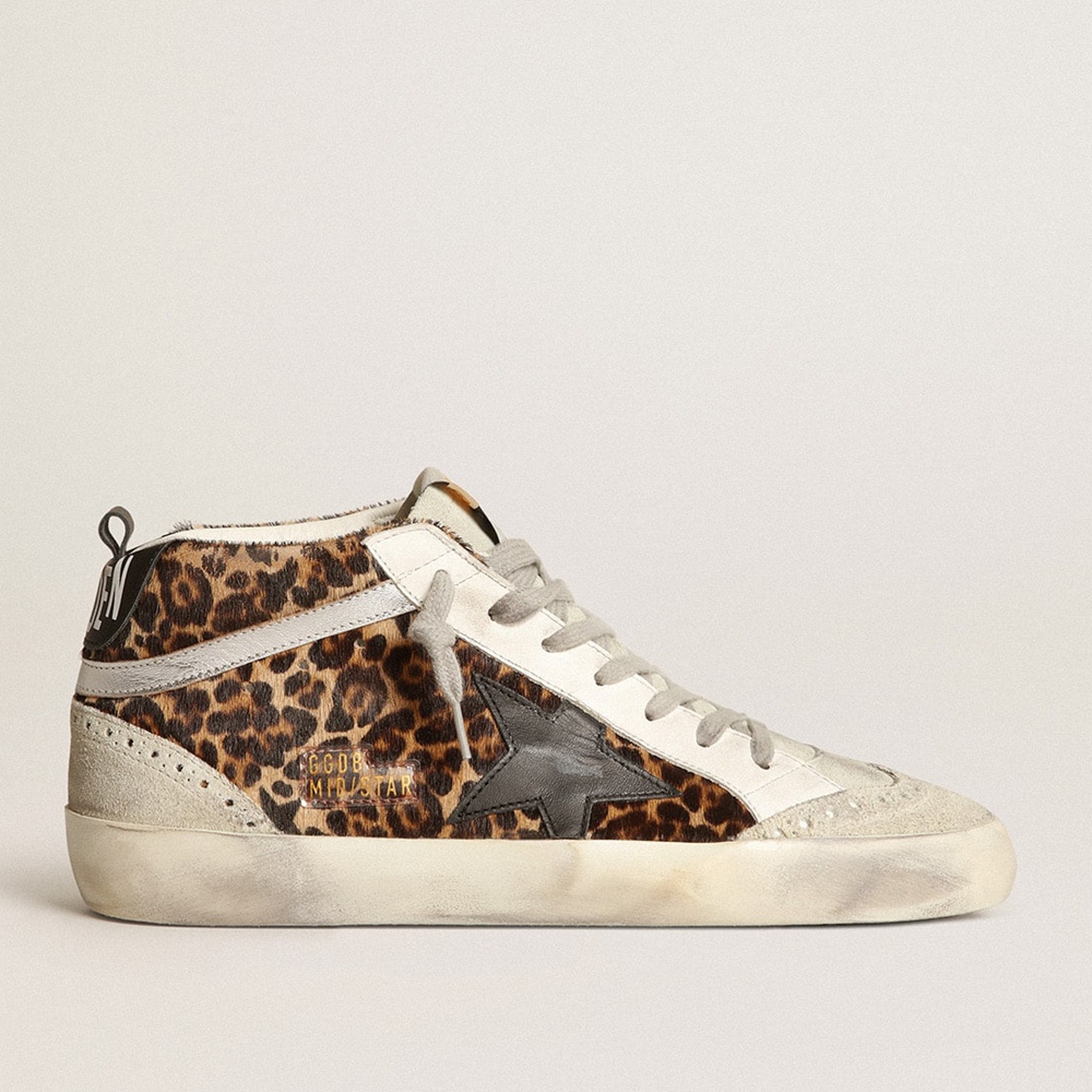 Golden Goose Mid Star Sneakers In Leopard Print Pony Skin With Black Star GWF00122.F003766.81933