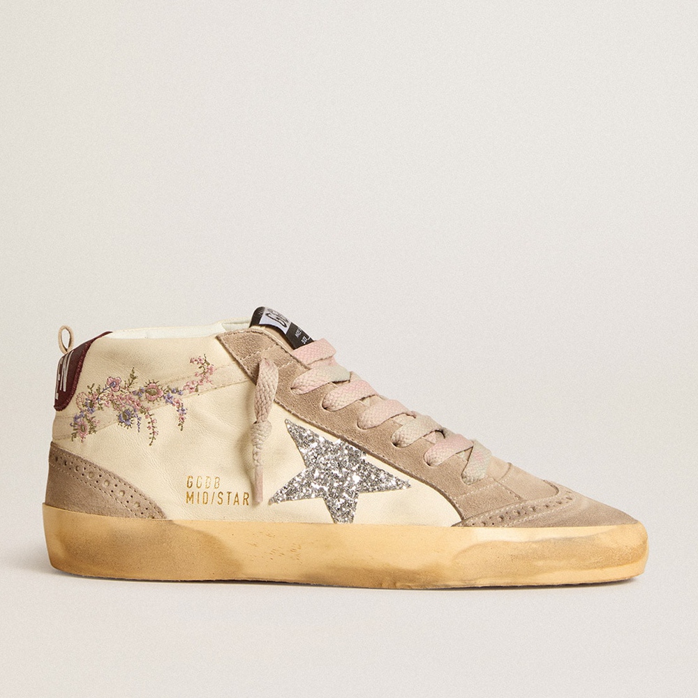 Golden Goose Mid Star Sneakers In Nappa Leather With Floral Embroidery And Silver Glitter Star GWF00122.F005965.11876