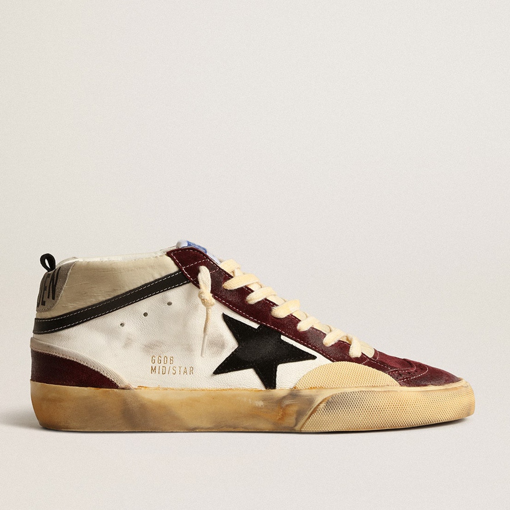 Golden Goose Mid Star Sneakers In Nappa With Black Suede Star And Wine-red Inserts GMF00460.F004009.82103