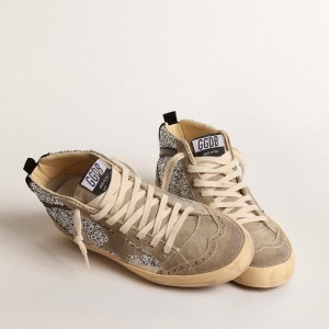 Golden Goose Mid Star Sneakers In Silver Glitter With Suede Star And Black Flash GWF00122.F004554.70211