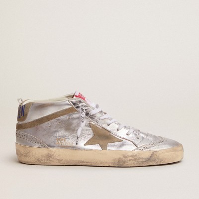 Golden Goose Mid Star Sneakers In Silver Laminated Leather With Dove Gray Star GWF00122.F002794.70216