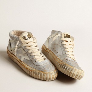 Golden Goose Mid Star Sneakers In Silver Metallic Leather With Ivory Star GMF00408.F004083.70259